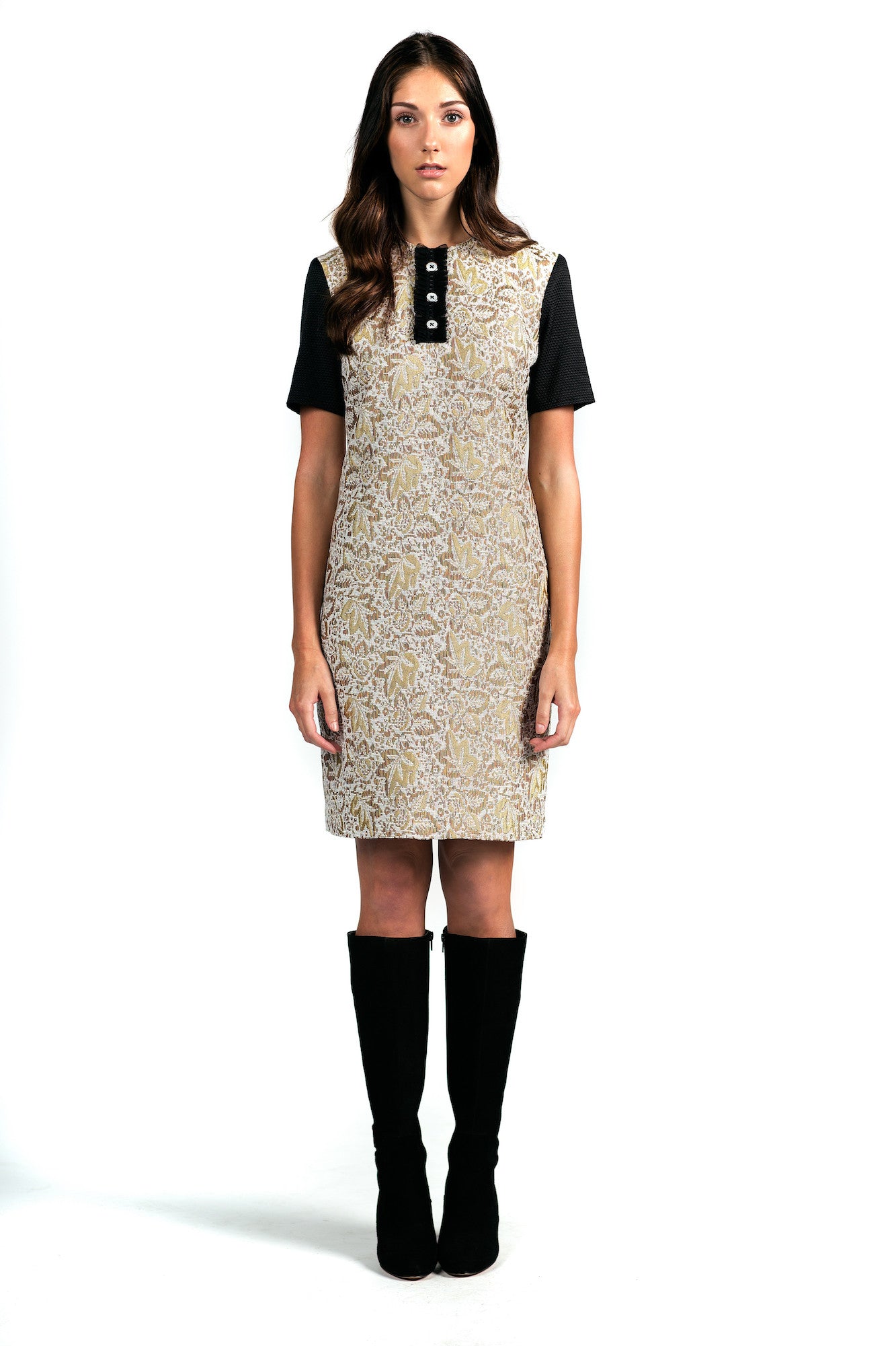 Versatile Short-sleeve Shift Dress with Ruffle Placket - Steve Guthrie Contemporary Womenswear